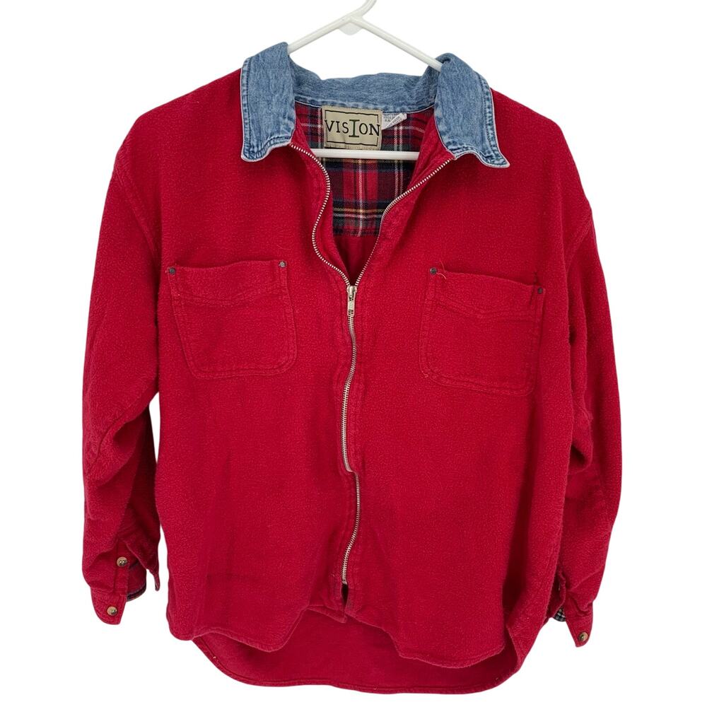 Vision Women's Vintage Cotton Fleece Denim Collar Full Zip Long Sleeve Top Med